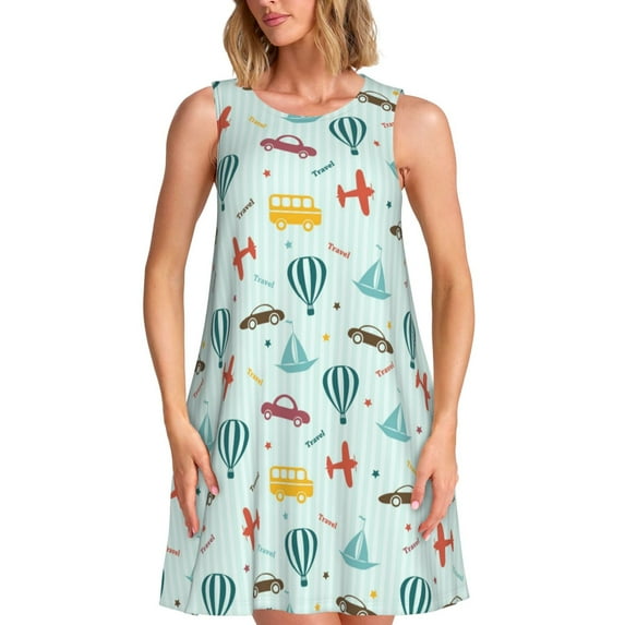 Lsque Transport Travel Pattern Summer Dresses for Women – Sleeveless T-Shirt Swing Sundress, Perfect for the Beach and Casual Days