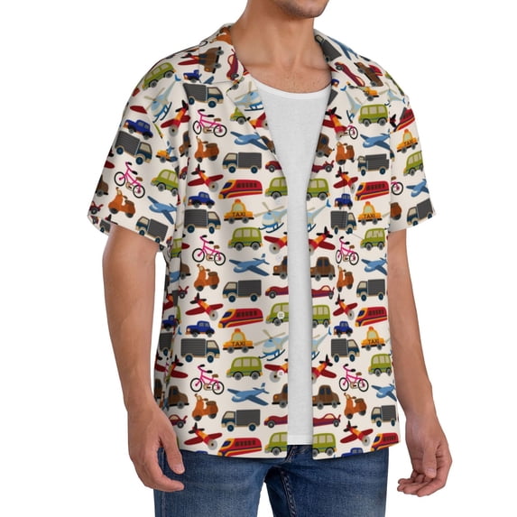 Lsque Transport print Men's Cuban Collar Short Sleeve Shirt Summer Beachwear Casual Button Down Fashionable Vacation Leisure Shirt-X-Large