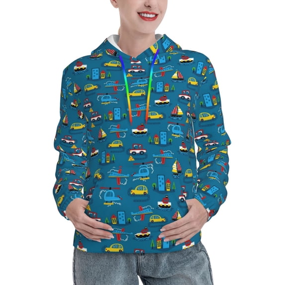 Lsque Transportations with Buildings Pattern Casual Women's Hoodie,Hooded Sweatshirt with Kangaroo Pocket,Pullover Hoodie with Eye-catching Drawstrings-Small