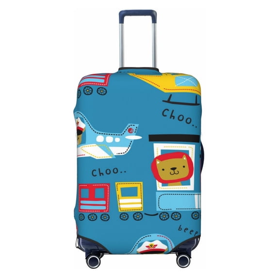 Lsque Transportations With Cute Animals Printed Luggage Cover, Travel Luggage Protector,Scratch and Dirt Resistant, Fits 18-32 Inch Luggage - Small