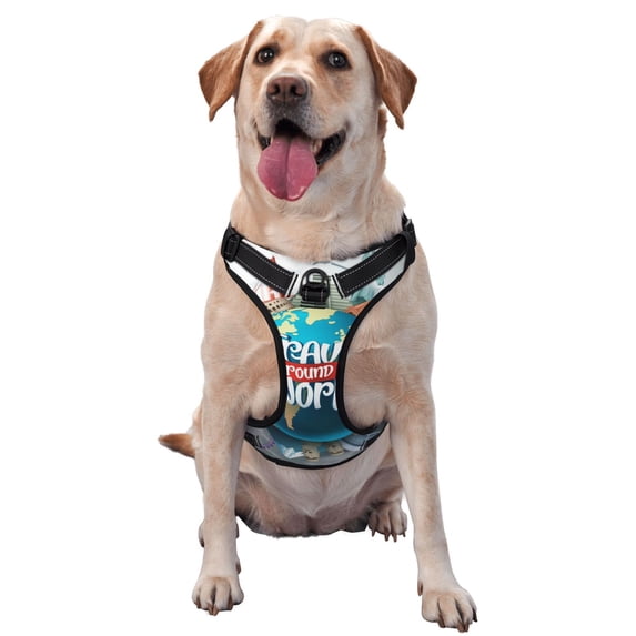 Lsque Travel Around The World Dog Harness, No-Pull Pet Harness with 2 Leash Clips, Adjustable Soft Padded Dog Vest with Easy Control Handle for Large Dogs-X-Large