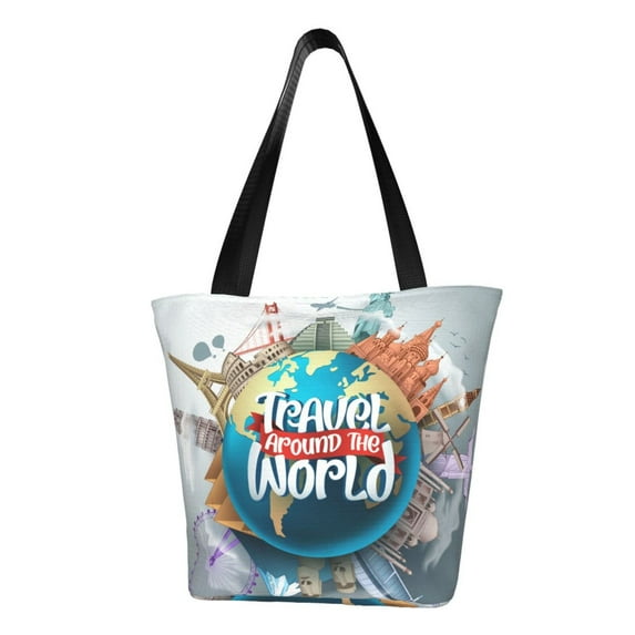 Lsque Travel Around The World Pattern Beach Tote,Shoulder Handbag,Spacious Tote Bag,Lightweight Travel Bag,Versatile Shopping Bag