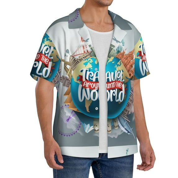 Lsque Travel Around The World print Men's Cuban Collar Short Sleeve Shirt Summer Beachwear Casual Button Down Fashionable Vacation Leisure Shirt-3X-Large