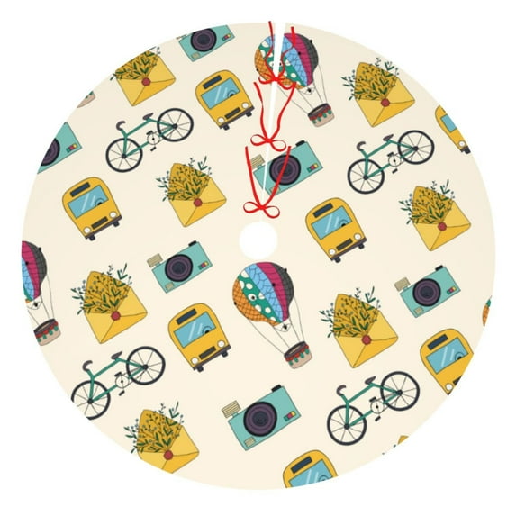 Lsque Travel Elements Print Christmas Tree Skirt, Tree Skirt with Ties or Velcro, Perfect for Holiday Decorations, Halloween, and New Year-30"