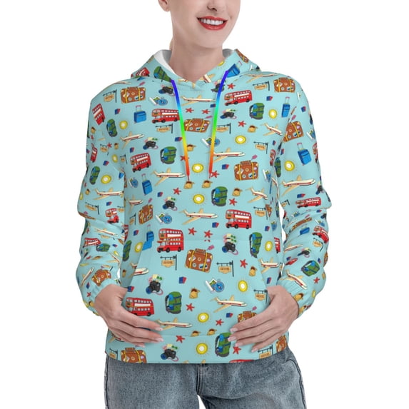 Lsque Travel1 Pattern Casual Women's Hoodie,Hooded Sweatshirt with Kangaroo Pocket,Pullover Hoodie with Eye-catching Drawstrings-Small