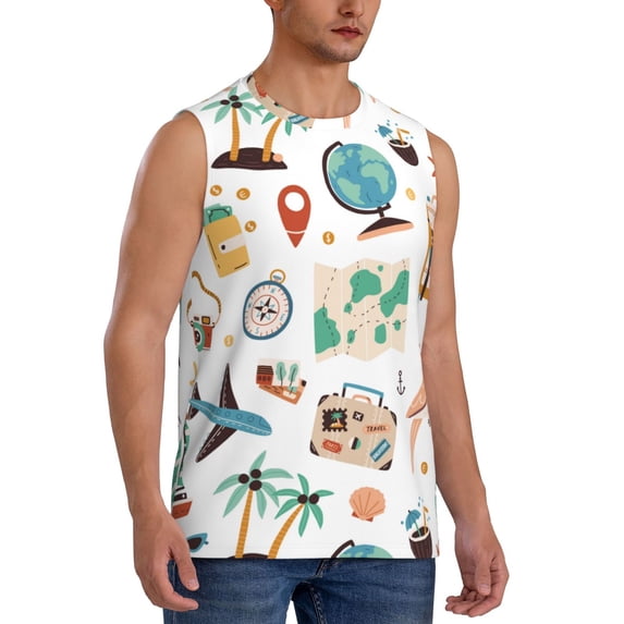 Lsque Travel1 Print Men's Cotton Blend Sleeveless Muscle Shirts (S-3XL)- Moisture Wicking, Odor Protection, UPF 30+,XX-Large