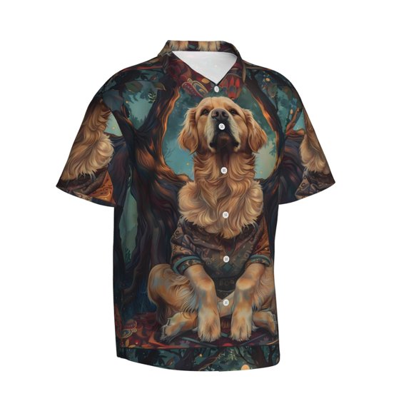 Lsque Tree Meditating Golden Retriever pattern Hawaiian Shirt for Men, Unisex Summer Beach Casual Short Sleeve Button Down Shirts-XX-Large