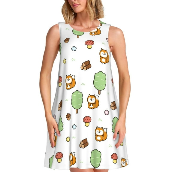 Lsque Tree Squirrel Pattern Summer Dresses for Women – Sleeveless T-Shirt Swing Sundress, Perfect for the Beach and Casual Days