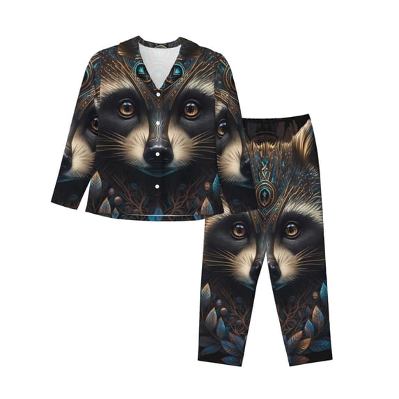 Lsque Tribal Style Raccoon Pattern Long Sleeve Pajama Set for Women - Soft 2-Piece Sleepwear and Loungewear Set with Pockets, Comfy Nightwear-X-Large