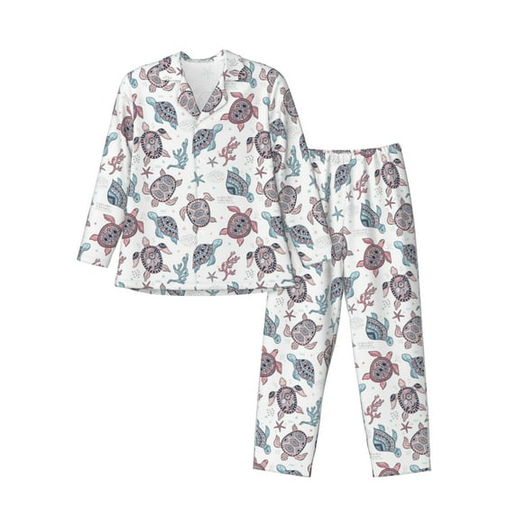 Lsque Tribal Style Turtle Pattern Long Sleeve Pajama Set for Men - Soft 2-Piece Sleepwear and Loungewear Set with Pockets, Comfy Nightwear-Medium