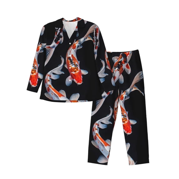 Lsque Tricolor Koi Fish Trio Pattern Long Sleeve Pajama Set for Men - Soft 2-Piece Sleepwear and Loungewear Set with Pockets, Comfy Nightwear-Large