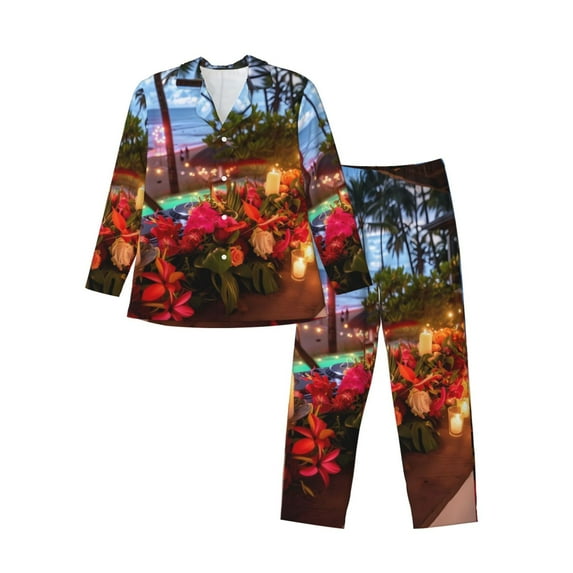 Lsque Tropical Beach Candlelight Pattern Long Sleeve Pajama Set for Men - Soft 2-Piece Sleepwear and Loungewear Set with Pockets, Comfy Nightwear-Medium