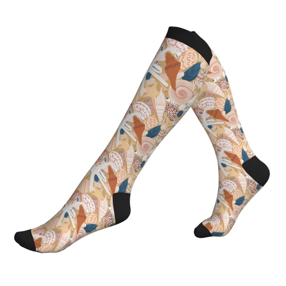 Lsque Tropical Beach Sea Shell Pattern Sport Compression Socks for Men & Women 15-20 mmHg Knee High Nurse Pregnant Running Medical and Travel Athletic