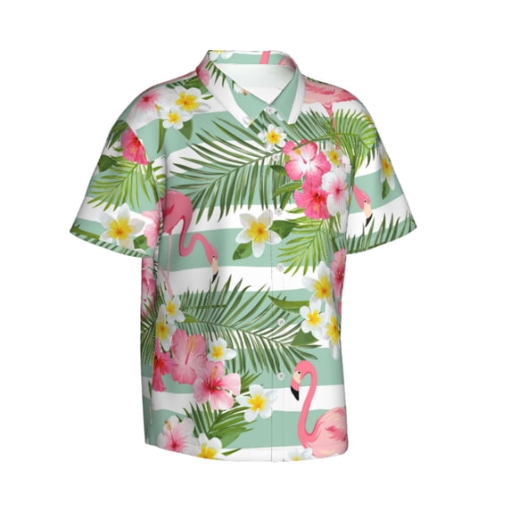 Lsque Tropical Flamingo pattern Hawaiian Shirt for Men, Unisex Summer Beach Casual Short Sleeve Button Down Shirts-Small