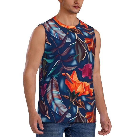 Lsque Tropical Flower Print Men's Cotton Blend Sleeveless Muscle Shirts (S-3XL)- Moisture Wicking, Odor Protection, UPF 30+,3X-Large