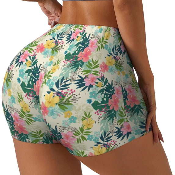 Lsque Tropical Flowers Pattern High Waisted Biker Shorts for Women-Tummy Control Fitness Athletic Workout Running Yoga Gym Shorts,Moisture-Wicking-Large