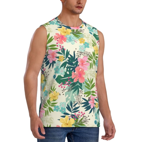 Lsque Tropical Flowers Print Men's Cotton Blend Sleeveless Muscle Shirts (S-3XL)- Moisture Wicking, Odor Protection, UPF 30+,3X-Large