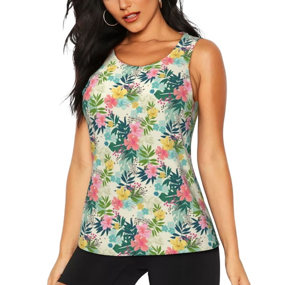 Lsque Tropical Flowers Printed Workout Tank Tops for Women, Athletic Sports Tank Tops, Compression Sleeveless Dry Fit Shirts,Sleeveless Yoga Shirt-X-Large