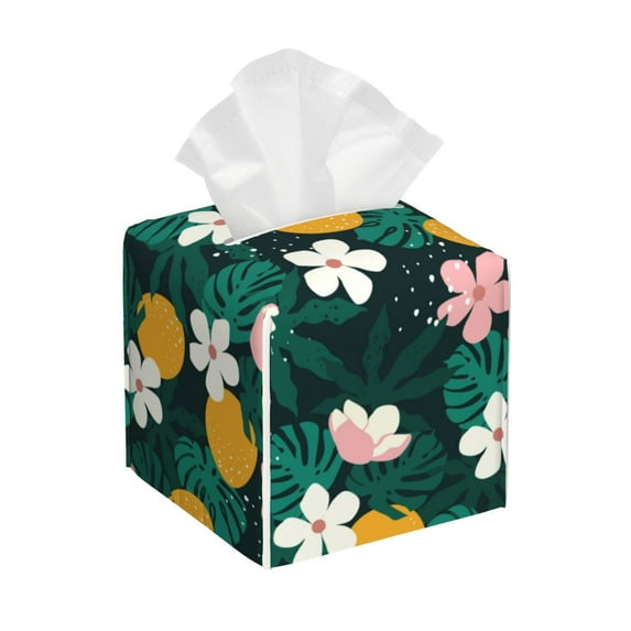 Lsque Tropical Fruit Printed Tissue Box Cover Holder, Facial Paper Organizer Dispenser,Square with Bottom Belt, PVC Leather Decorative Organizer