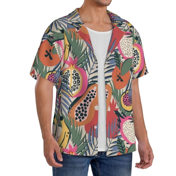 Lsque Tropical Fruit print Men's Cuban Collar Short Sleeve Shirt Summer Beachwear Casual Button Down Fashionable Vacation Leisure Shirt-4X-Large