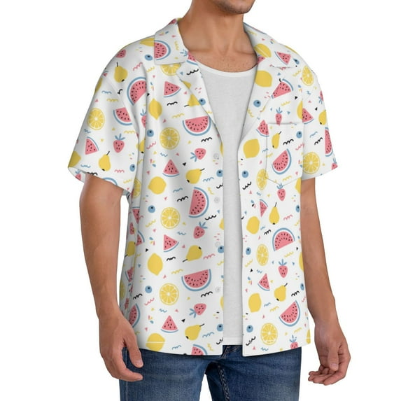 Lsque Tropical Fruit print Men's Cuban Collar Short Sleeve Shirt Summer Beachwear Casual Button Down Fashionable Vacation Leisure Shirt-Medium