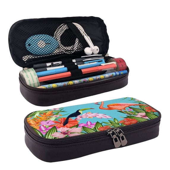 Lsque Tropical Jungle Flamingo Printed Big Capacity PU Leather Pencil Case Large Pencil Pouch Stationery Pen Bag Pencil Holder for Teen