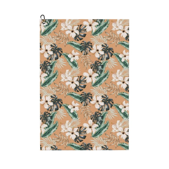 Lsque Tropical Leaves Flower Premium Golf Towel - Ultra Absorbent and Quick Drying Microfiber Towel with Carabiner - Gift for Men -24" X 16"