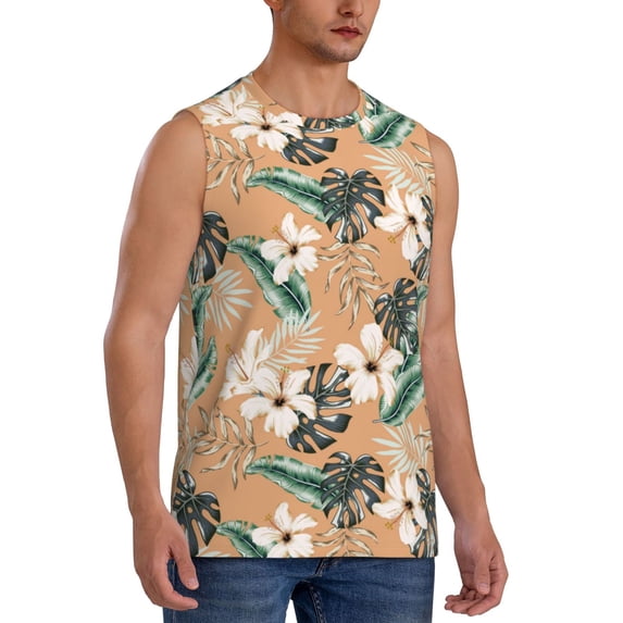 Lsque Tropical Leaves Flower Print Men's Cotton Blend Sleeveless Muscle Shirts (S-3XL)- Moisture Wicking, Odor Protection, UPF 30+,X-Large