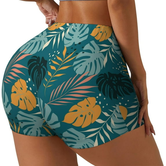 Lsque Tropical Leaves Pattern High Waisted Biker Shorts for Women-Tummy Control Fitness Athletic Workout Running Yoga Gym Shorts,Moisture-Wicking-XX-Large