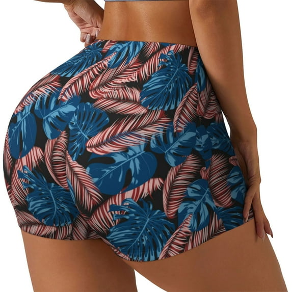 Lsque Tropical Leaves Pattern High Waisted Biker Shorts for Women-Tummy Control Fitness Athletic Workout Running Yoga Gym Shorts,Moisture-Wicking-XX-Large