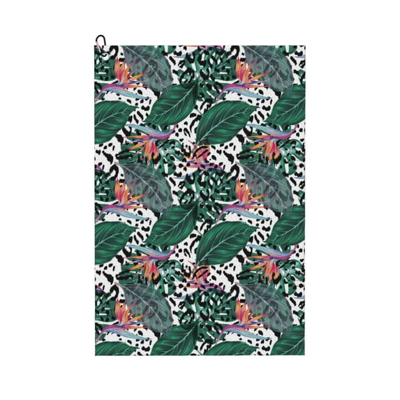 Lsque Tropical Leaves Premium Golf Towel - Ultra Absorbent and Quick Drying Microfiber Towel with Carabiner - Gift for Men -24" X 16"