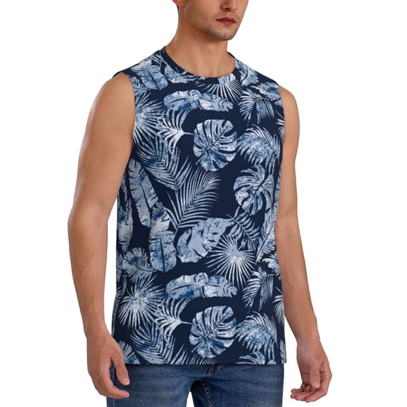 Lsque Tropical Leaves Print Men's Cotton Blend Sleeveless Muscle Shirts (S-3XL)- Moisture Wicking, Odor Protection, UPF 30+,Medium