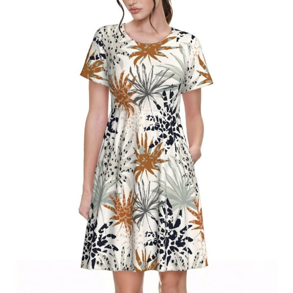 Lsque Tropical Leaves Print Women's Casual Dress T-Shirt Summer Short Sleeve Scoop Neck Swing Dresses