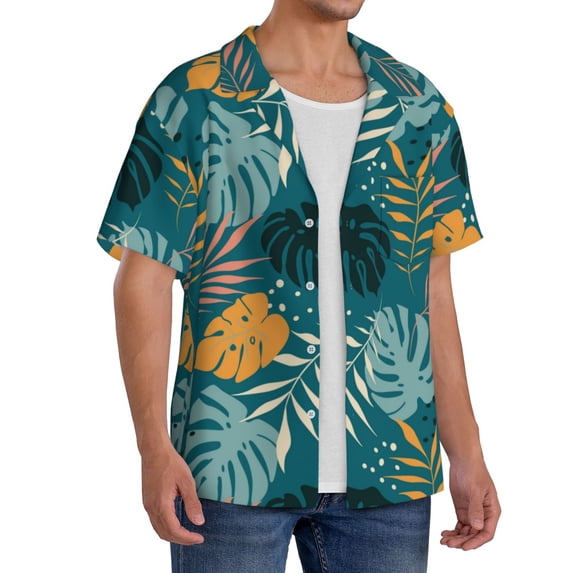 Lsque Tropical Leaves print Men's Cuban Collar Short Sleeve Shirt Summer Beachwear Casual Button Down Fashionable Vacation Leisure Shirt-Small