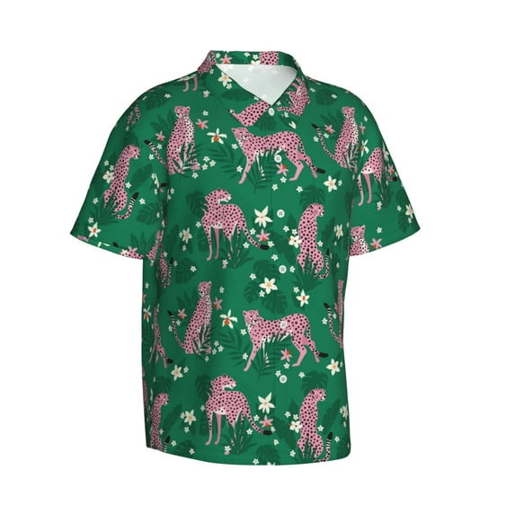 Lsque Tropical Leopard pattern Hawaiian Shirt for Men, Unisex Summer Beach Casual Short Sleeve Button Down Shirts-X-Large