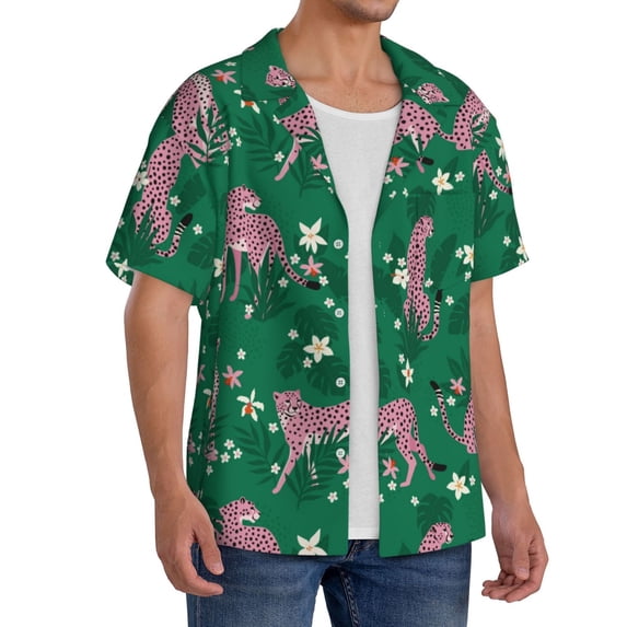 Lsque Tropical Leopard print Men's Cuban Collar Short Sleeve Shirt Summer Beachwear Casual Button Down Fashionable Vacation Leisure Shirt-XX-Large