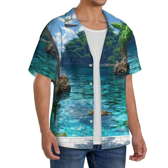 Lsque Tropical Paradise Window View print Men's Cuban Collar Short Sleeve Shirt Summer Beachwear Casual Button Down Fashionable Vacation Leisure Shirt-3X-Large
