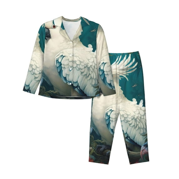 Lsque Tropical Parrot Floral Artwork Pattern Long Sleeve Pajama Set for Women - Soft 2-Piece Sleepwear and Loungewear Set with Pockets, Comfy Nightwear-X-Large