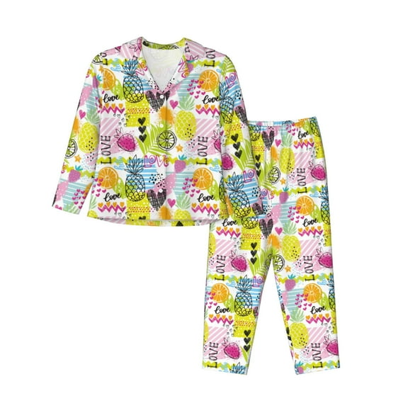 Lsque Tropical Pineapples Pattern Long Sleeve Pajama Set for Women - Soft 2-Piece Sleepwear and Loungewear Set with Pockets, Comfy Nightwear-Medium