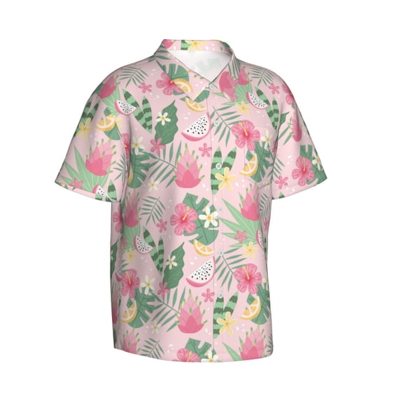 Lsque Tropical Pitaya pattern Hawaiian Shirt for Men, Unisex Summer Beach Casual Short Sleeve Button Down Shirts-Large