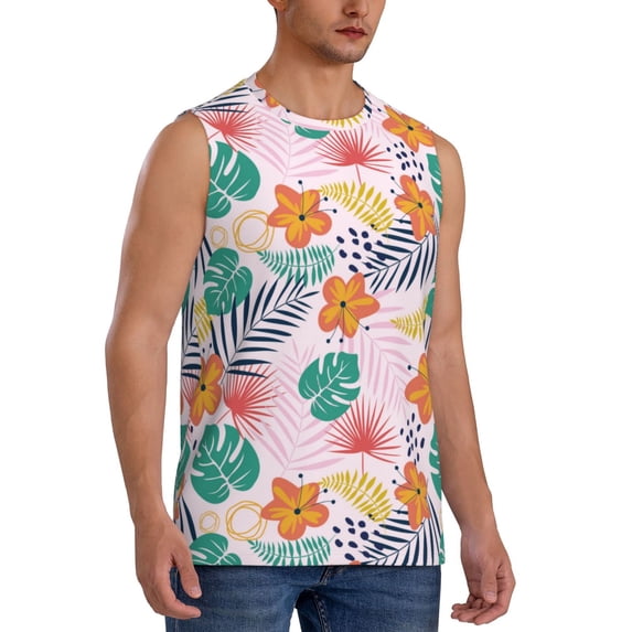 Lsque Tropical Plants Print Men's Cotton Blend Sleeveless Muscle Shirts (S-3XL)- Moisture Wicking, Odor Protection, UPF 30+,Large