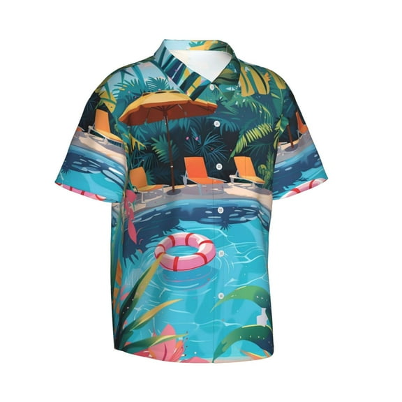 Lsque Tropical Poolside Relaxation pattern Hawaiian Shirt for Men, Unisex Summer Beach Casual Short Sleeve Button Down Shirts-Large