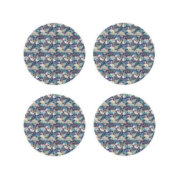 Lsque Tropical Sloth Pattern 4" Drink Coasters Set of 4, PVC Leather Absorbent Coasters, Table Coaster Set Decorative Coffee Cup Coasters Housewarming Gift -Round Shape