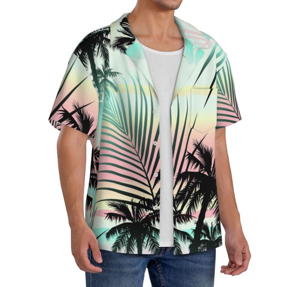 Lsque Tropical Summer Palm print Men's Cuban Collar Short Sleeve Shirt Summer Beachwear Casual Button Down Fashionable Vacation Leisure Shirt-3X-Large