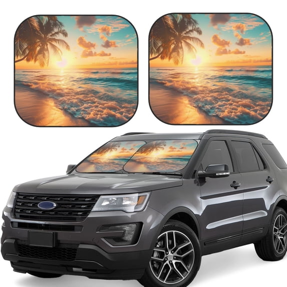 Lsque Tropical Sunset Beach Scene 2 PCS Windshield Sun Shade | CarFoldable Window Covers | Car Accessories Reflect UV for Universal Cars SUV Truck | Large