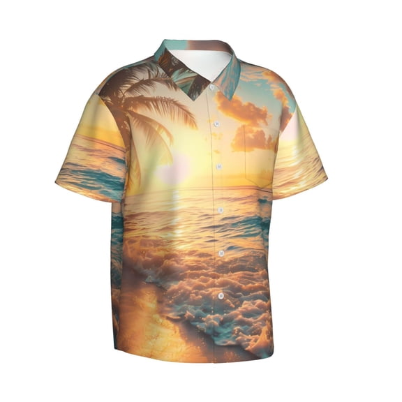 Lsque Tropical Sunset Beach Scene pattern Hawaiian Shirt for Men, Unisex Summer Beach Casual Short Sleeve Button Down Shirts-3X-Large