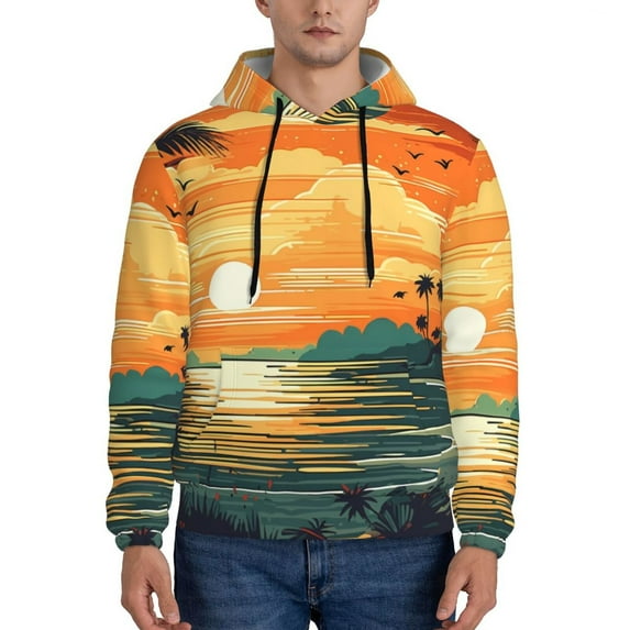 Lsque Tropical Sunset Paradise Pattern Casual Men's Hoodie,Hooded Sweatshirt with Kangaroo Pocket,Pullover Hoodie-4X-Large