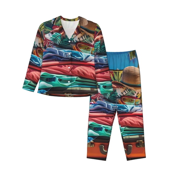 Lsque Tropical Vacation Essentials Pattern Long Sleeve Pajama Set for Women - Soft 2-Piece Sleepwear and Loungewear Set with Pockets, Comfy Nightwear-Large