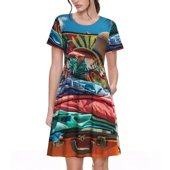 Lsque Tropical Vacation Essentials Print Women's Casual Dress T-Shirt Summer Short Sleeve Scoop Neck Swing Dresses