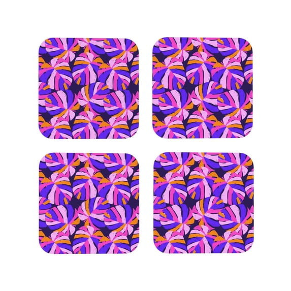 Lsque Tropics Leaf Pattern 4" Drink Coasters Set of 4, PVC Leather Absorbent Coasters, Table Coaster Set Decorative Coffee Cup Coasters Housewarming Gift -Square
